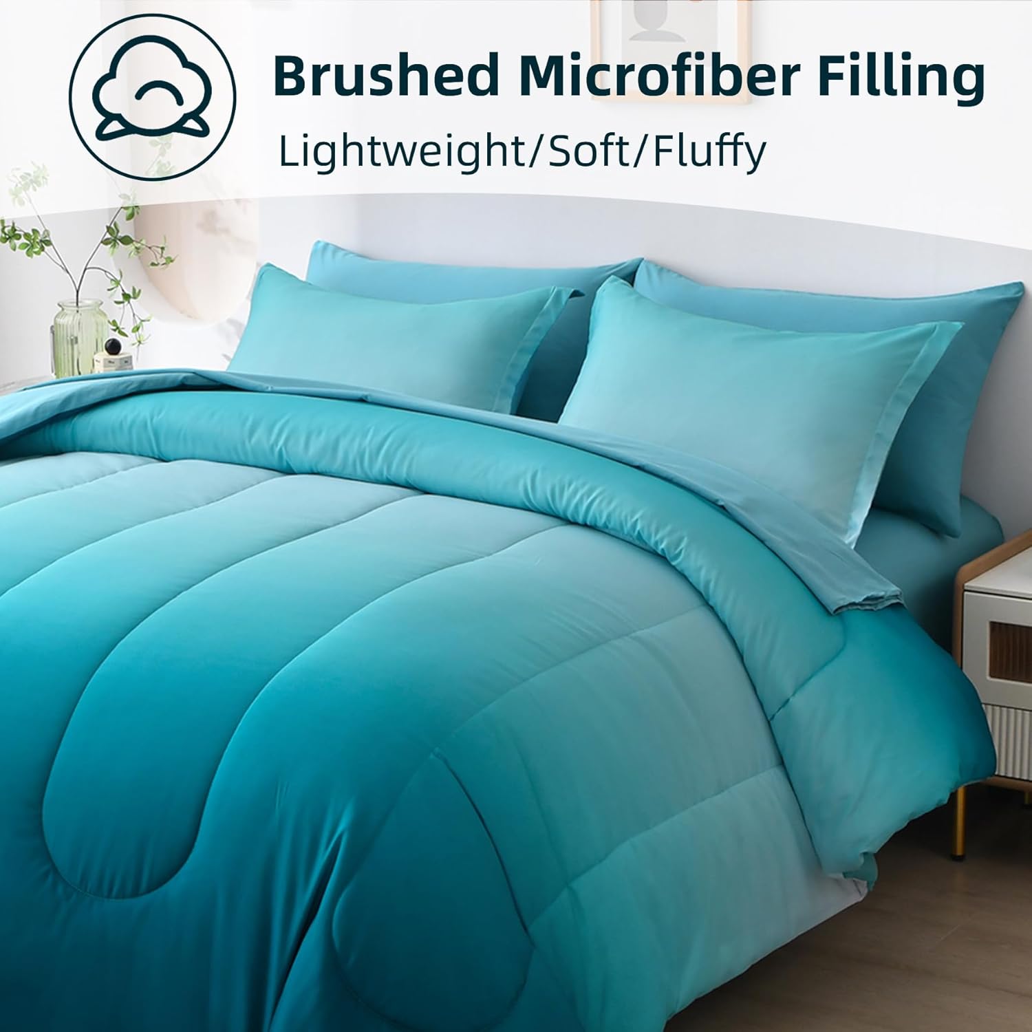 Anibedding 7 Pieces Gradient Teal Comforter Set Queen - Lightweight Teal Green Bed in a Bag Queen Size Set, All Season Down Alternative Complete Bedding Set Flat/Fitted Sheet, Pillowcases Pillow Shams - Image 3