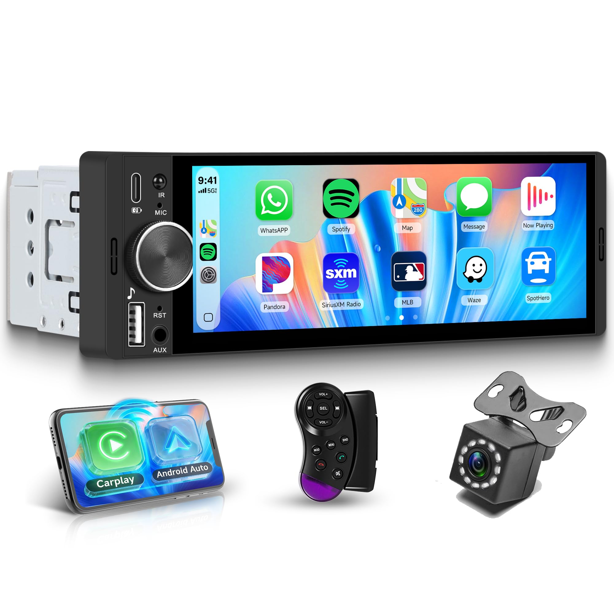 Rimoody Autoradio 1 Din con Wireless Carplay Android Auto iOS/Android Mirror Link, 6.28 Pollici Touchscreen Autoradio con Bluetooth 5.2 FM Radio USB/AUX/EQ Comandi al Volante Telecamera Posteriore