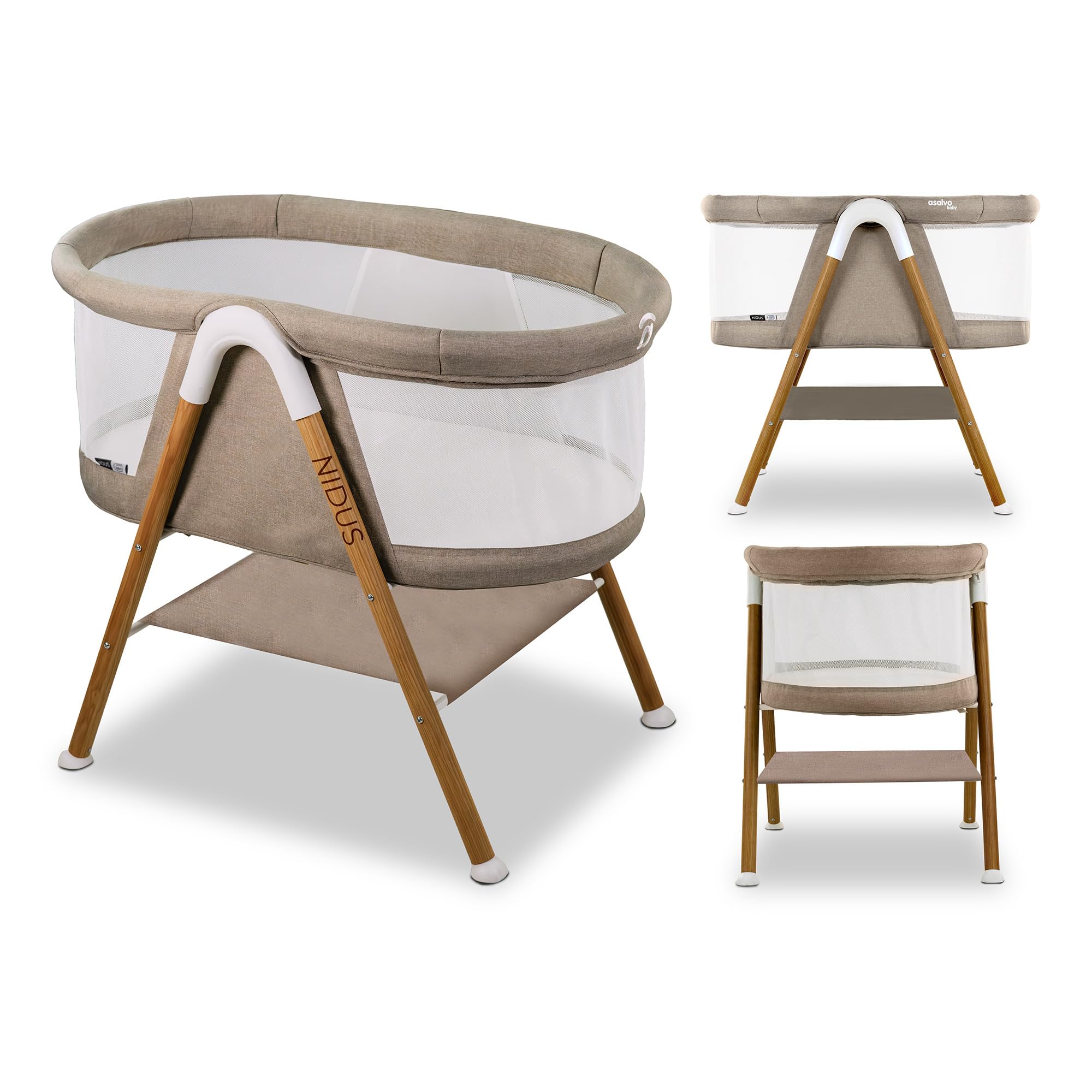Asalvo Nidus Mini-Berceau Cododo Bébé, Réglable en Hauteur, Structure Pliable, Matelas Inclus, Tissu Respirant, Berceau Cododo Sécurisé, Beige