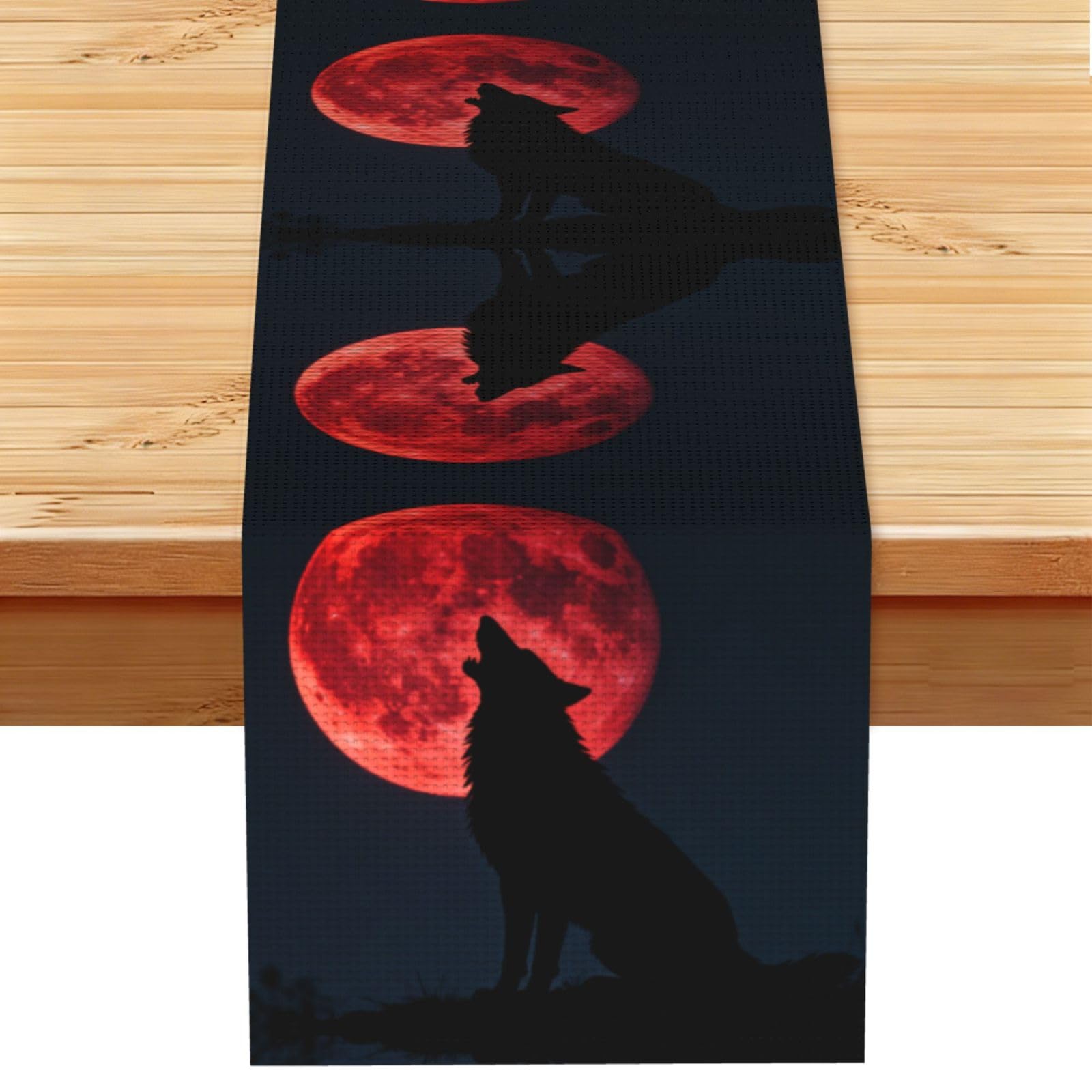 Blood Moon Wolf Linen Look Table Runner 13x72-Wrinkle Resistant Farmhouse Style for Dining Table Decor