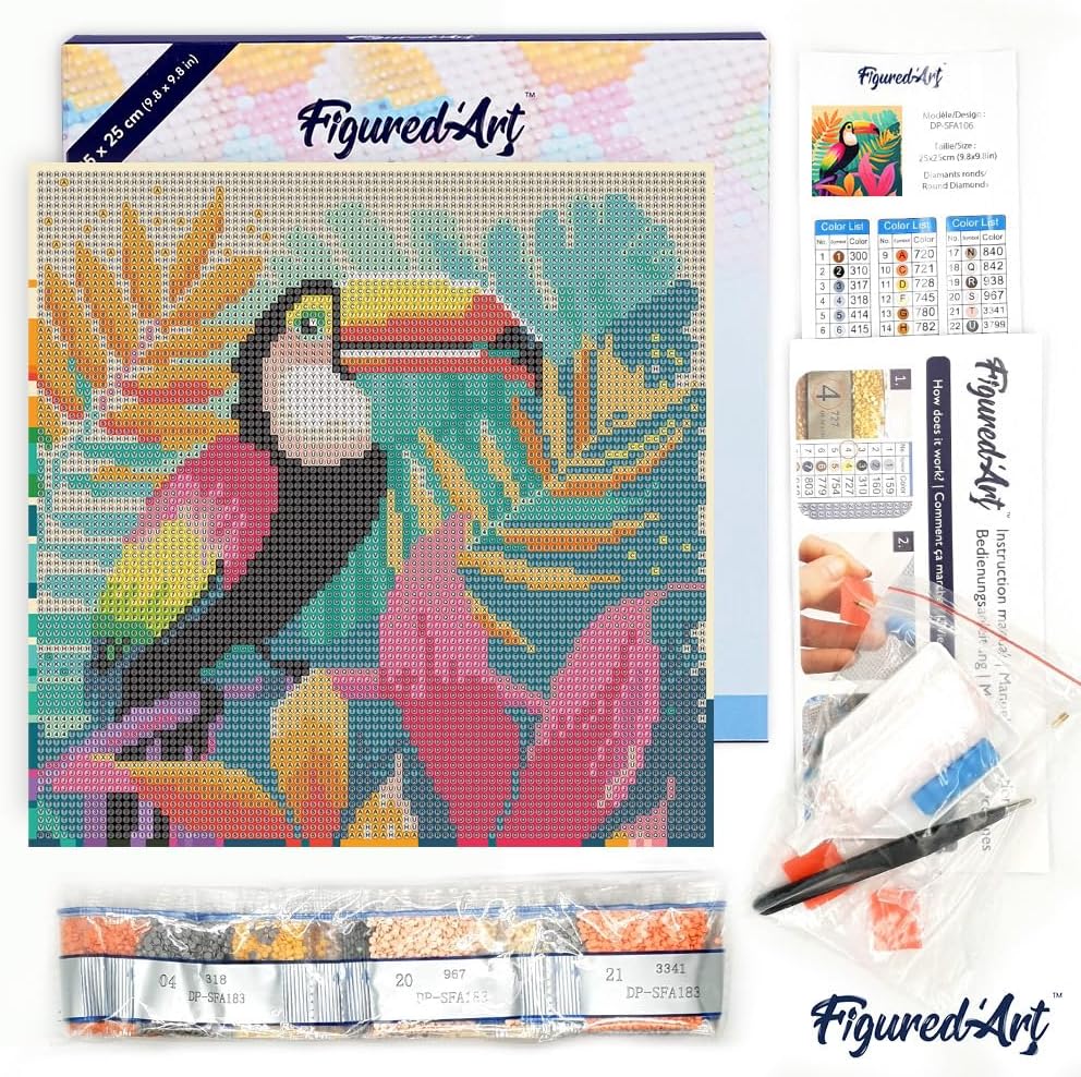 Figured’Art Mini Diamond Painting Art kit for Adults 10"x10" with Frame Full Round Drill 5D Tropical Toucan Complete DIY - Already Framed Canvas