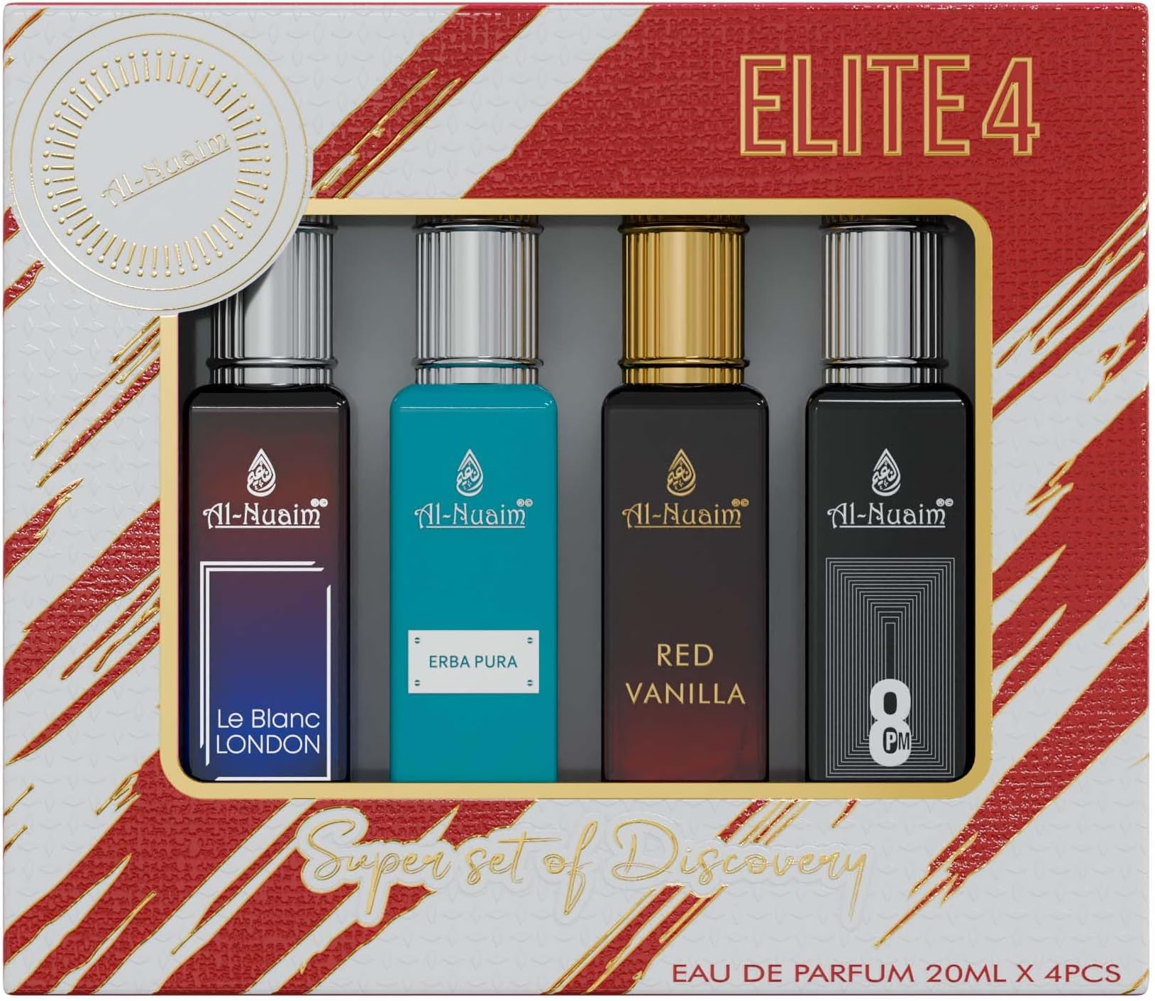 Al-Nuaim Elite4 EDP Gift Set of 4 For Men & Women (4 X 20ml) | Le Blanc London| Erba Pura | Red Vanilla| 8PM |Long Lasting Fragrance