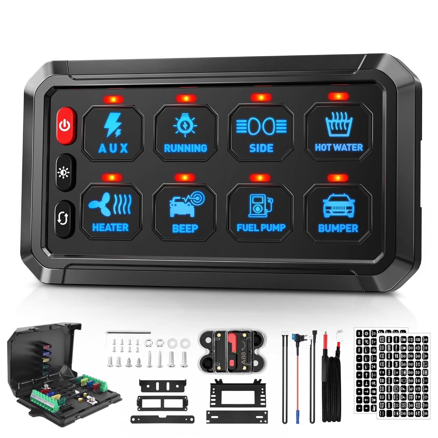 Blue 8 Gang Switch Panel, Momentary ON-Off Touch Switch Box Circuit Control Relay Systerm Circuit Breaker, Auxiliary LED Toggle Switch for 12V Car UTV Truck Camper RV ATV SUV