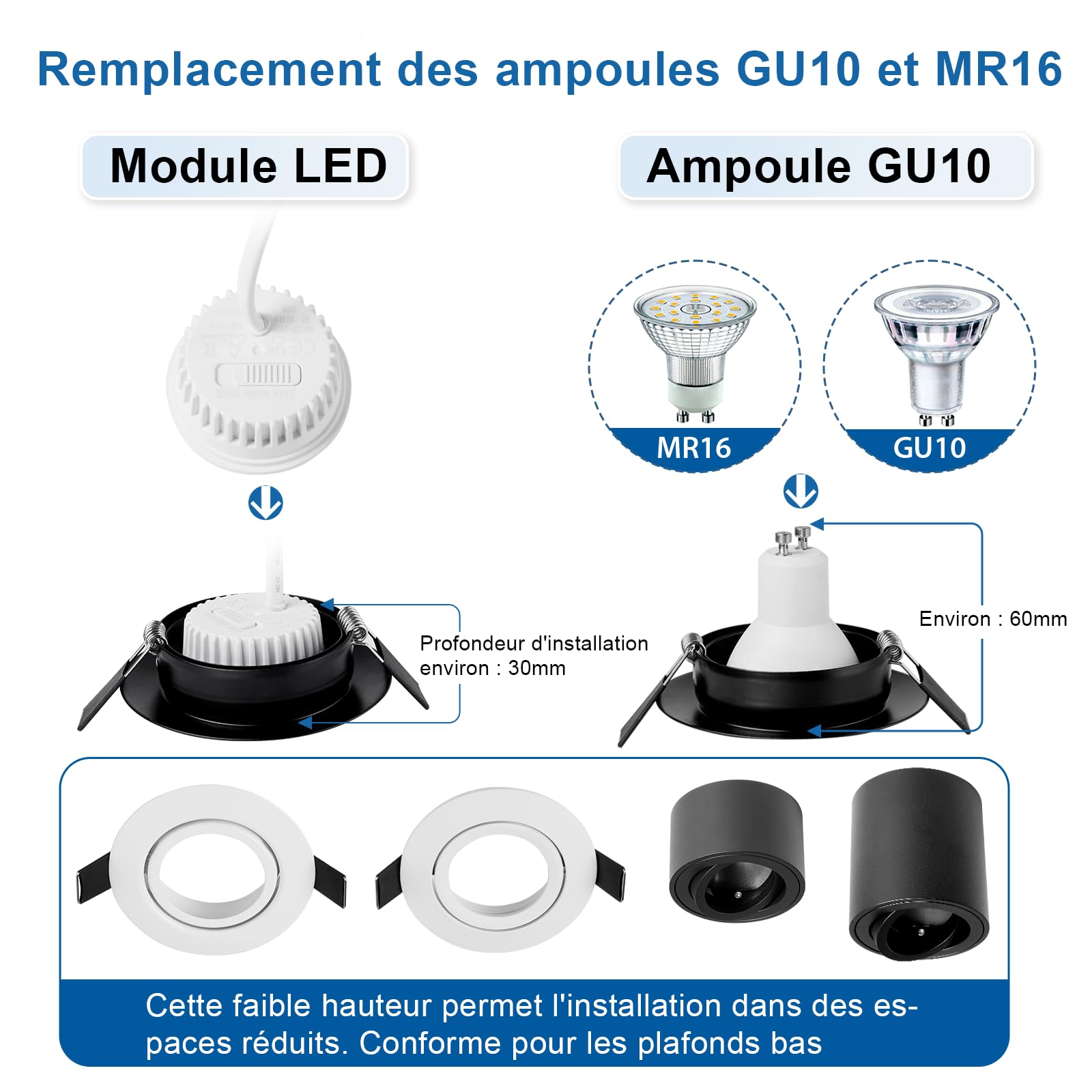 YindaLux Lot de 6 3CCT Module LED 230V - Ultra plat ø50*23mm Pour Spots Encastrés - 4.9W 500LM Angle de Faisceau 120° - 3000K/4000K/6000K Dimmable - Remplace les Ampoules GU10 MR16 - IP44 Etanche