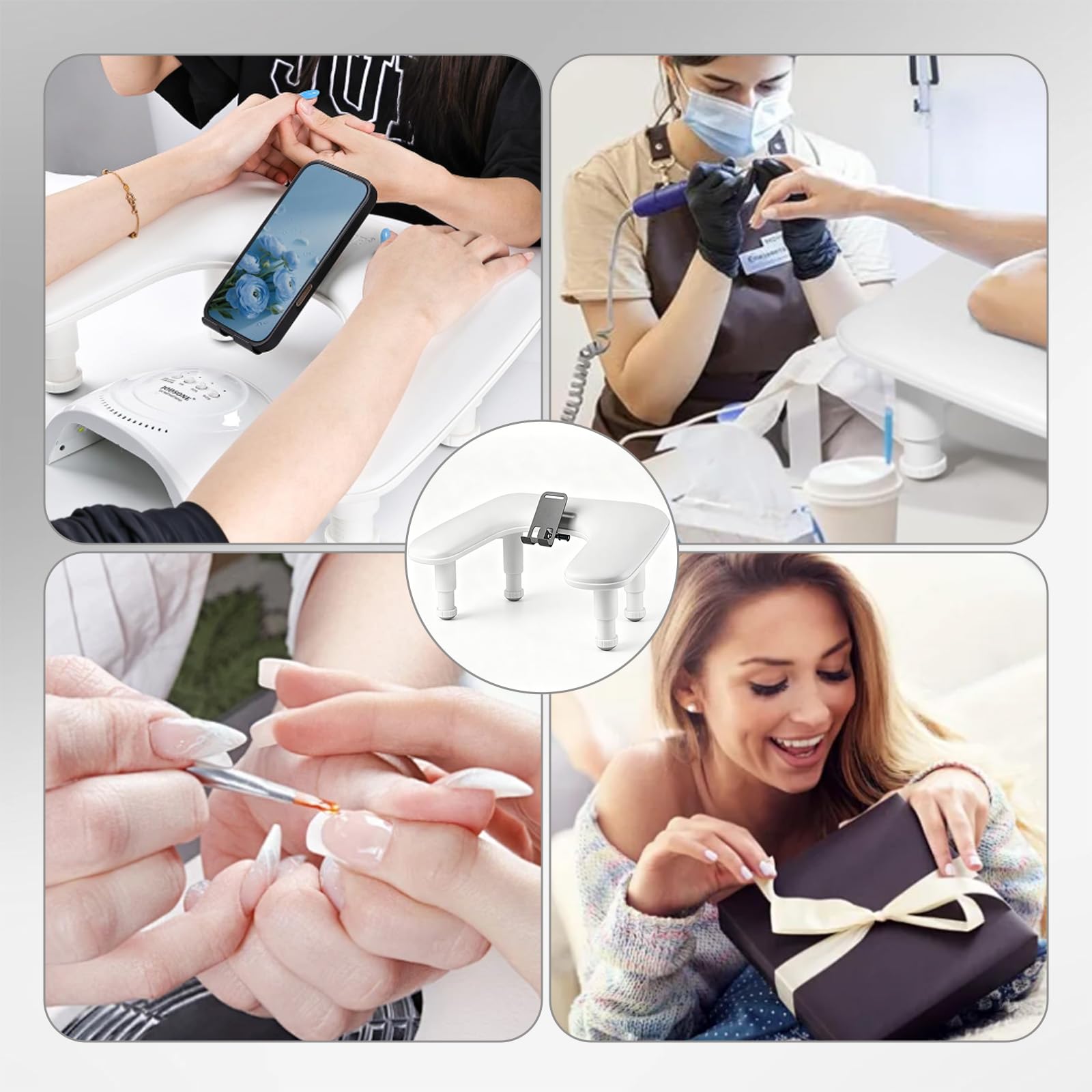 Handauflage Nagelstudio Handgelenkauflage, U-förmiges weißes Maniküre-Handkissen für Nageltechniker mit 360° Dreifachem Integriertem Handyhalter und Verstellbarer Nagelarmauflage