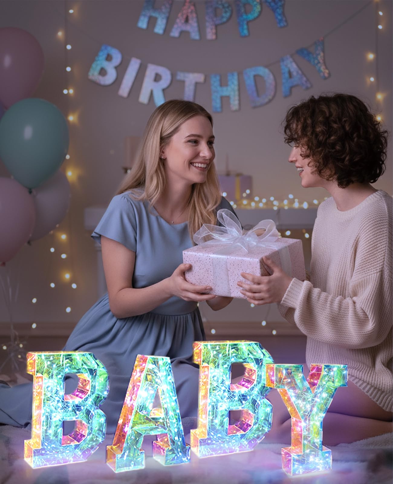 AceList Letras decorativas para bebé, 70 luces LED iridiscentes, luces de hadas para dulces 16, fiesta de cumpleaños, baby shower, boda, graduación, decoración de vacaciones