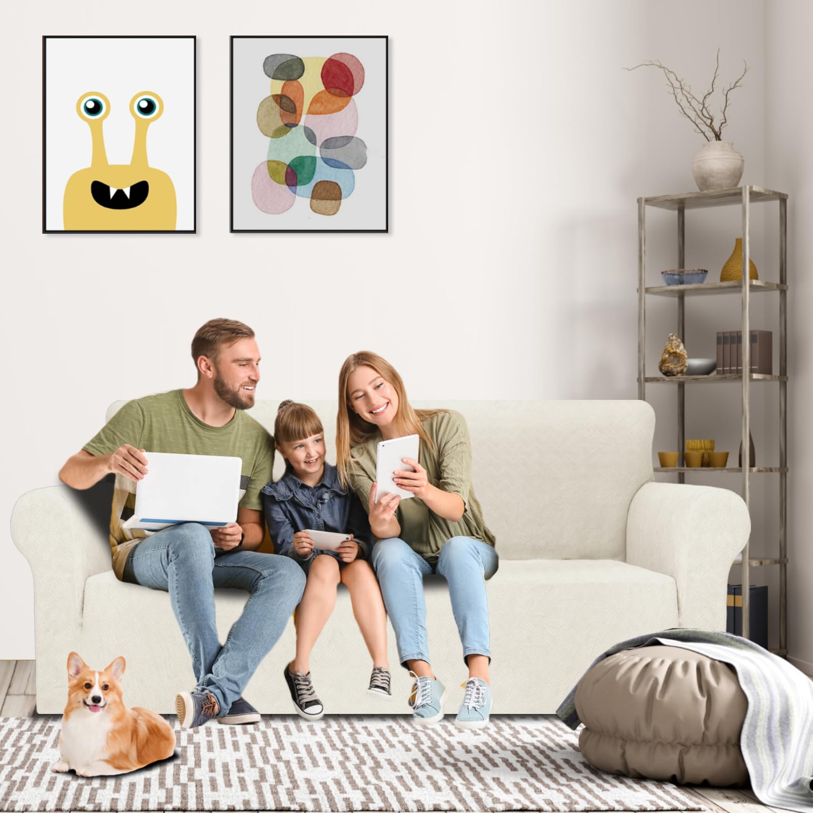 YSTELLAA Stretch Sofa Überzug 3 Sitzer, Sofaschoner rutschfest Mit Armlehne, Universal Jacquard Sofabezug, Dicke Sofabezug Für Hunde Katzen Und Haustiere, Waschbare Sofa Cover, CremeWeiß
