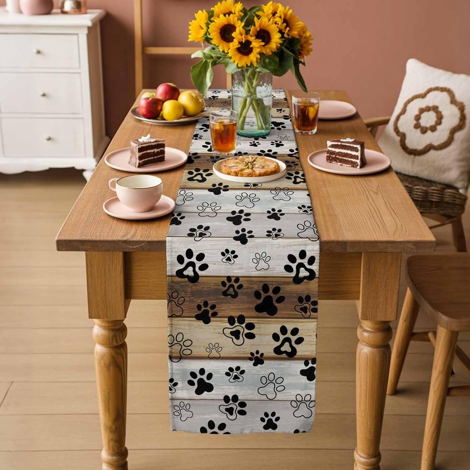 Beige Brown Dog Paw Prints Table Runner - 72 Inch Long Country Farmhouse Wooden Cotton and Linen Blended Dress Scarves Farmhouse Table Runner for Kitchen Dining, Coffee Table, 18" x 72"