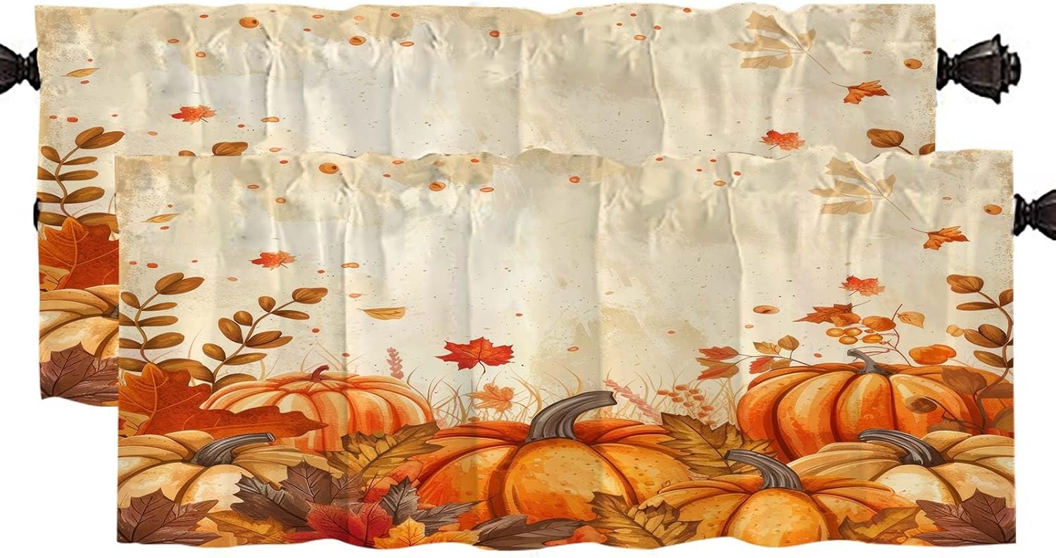 Mrcrypos Autumn Harvest Valance Curtains Rod Pocket Small 52x18 Inch 2 Panel Orange Pumpkins and Leaves Curtain for Living Room Vintage Valances for Windows/Bathroom/Bedroom