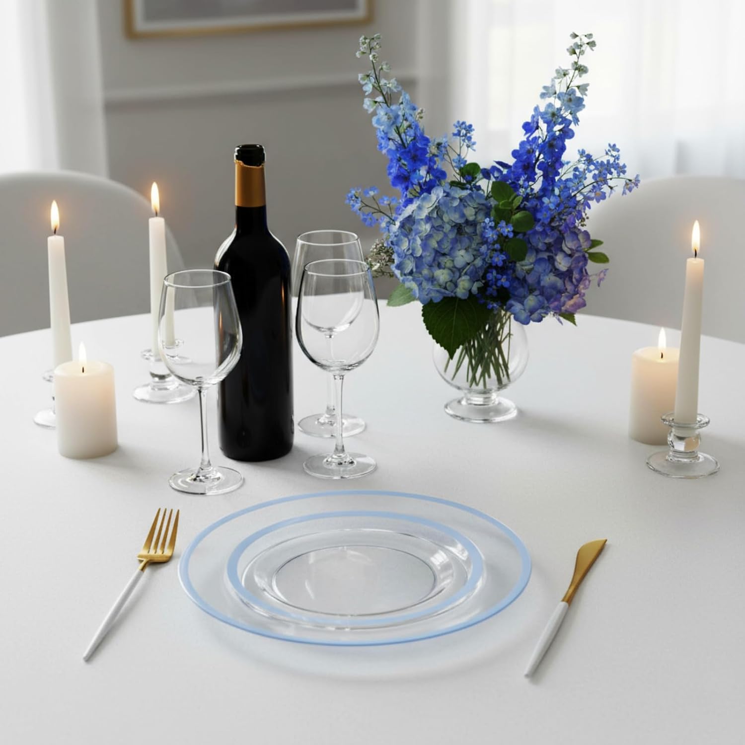 Wesiti 100 Pcs Clear Plastic Plates Disposable Dinnerware Set Includes 50 Pieces 10.25 '', 50 Pieces 7.5 '', Cake Salad Dessert Plates for Wedding Birthday Holiday Parties (Light Blue Rim)