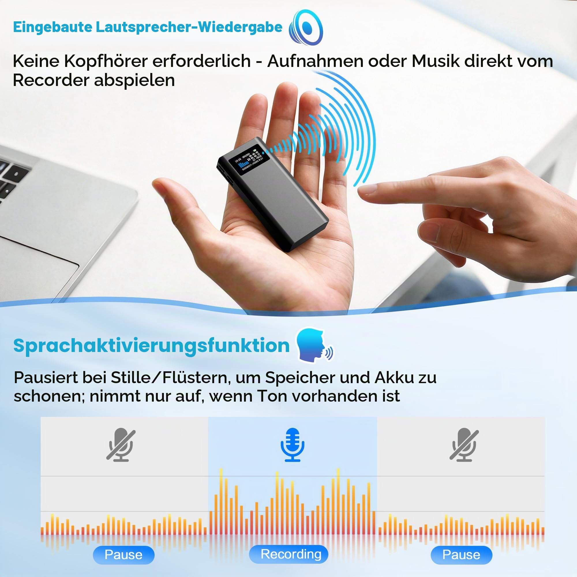 32GB Magnetischer Sprachrekorder mit 350-Stunden-Akku, TF-Kartenerweiterung, Lautsprecherwiedergabe und EIN-klick-Aufnahme, Tragbares USB-C Aufnahmegerät für Meetings und Interviews