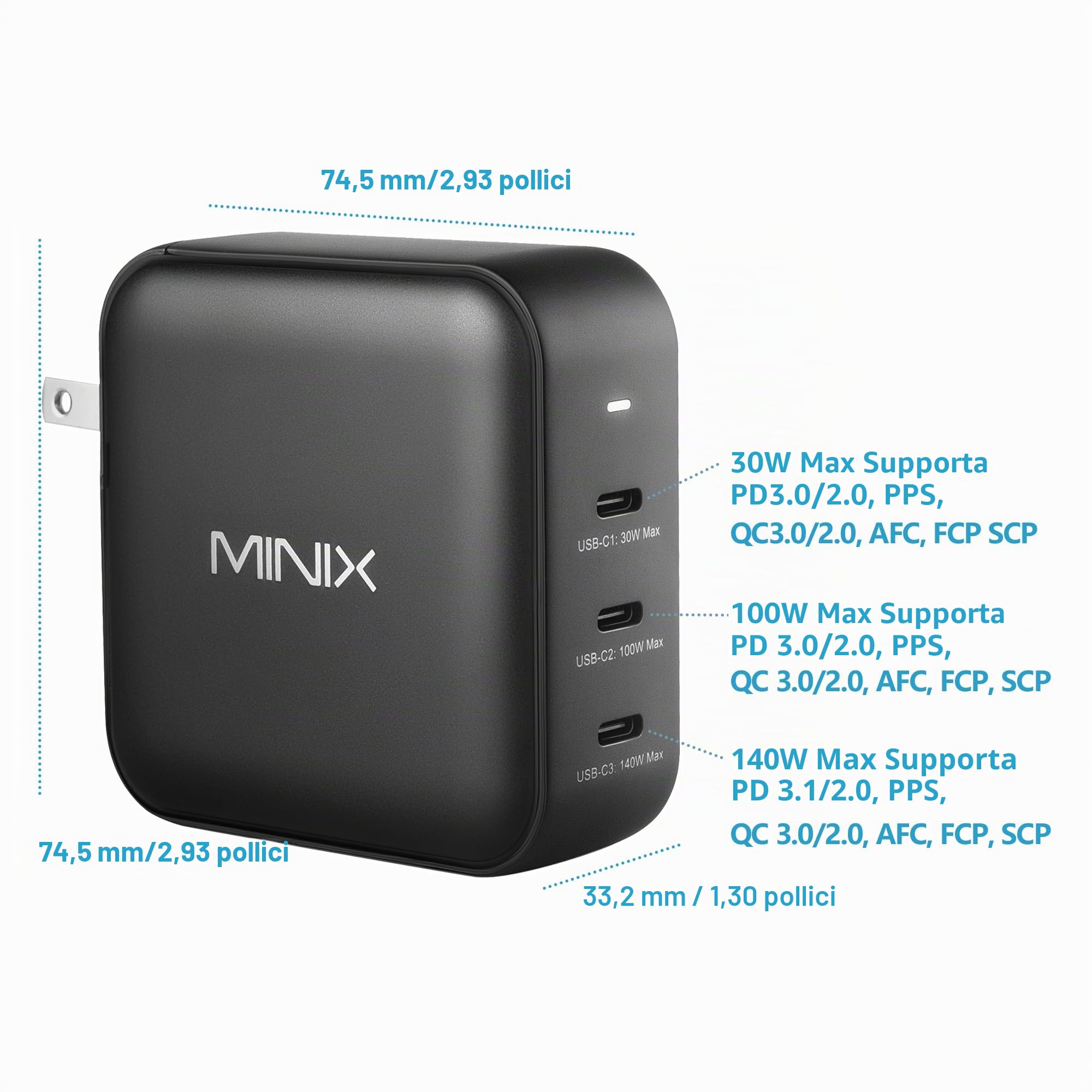 MINIX 140W USB C GaN II charger with 3 USB Type-C ports (max 140W) foldable and fast, compatible with MacBook Pro/Air, iPad Pro, iPhone 14 Pro/13, Samsung Galaxy, laptop and more.