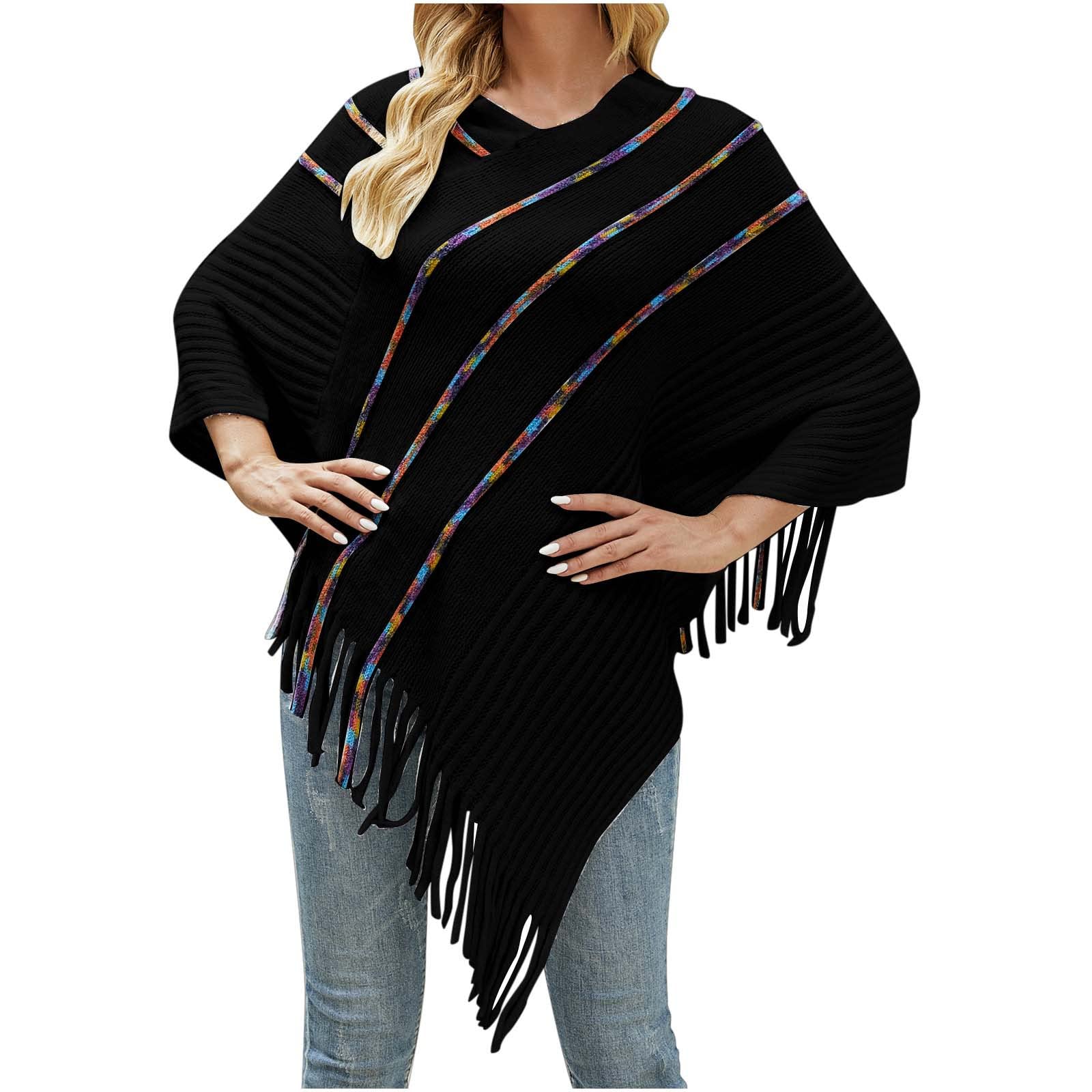 Womens Elegant Knitted Poncho Top with Stripe Patterns and Fringed Sides Women Cardigan Sweater Fall Shawl Capes