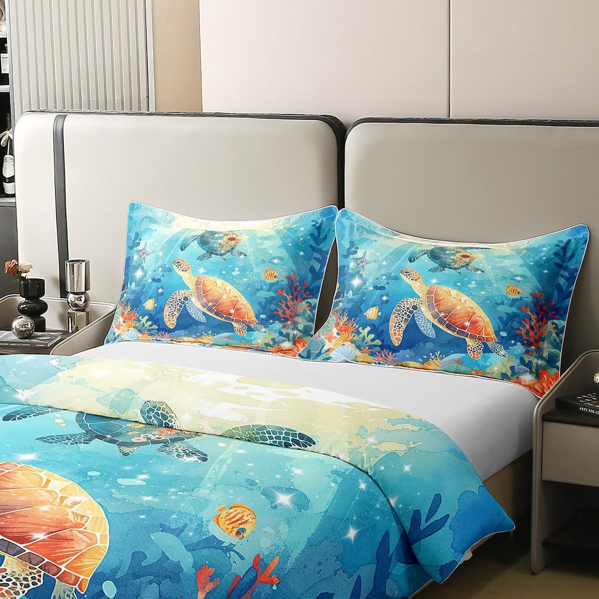 Homemissing Meeresschildkröte Bettbezug Set Ozean Blau Baumwolle Bettwäsche Set 135x200cm für Jungen Mädchen Teilbereich Küste Betten Set Atmungsaktiv Sommer Urlaub Bettdeckenbezug Dekor Tier