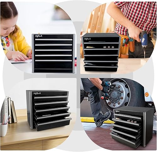 Miniatura 6 de Mini caja de herramientas de metal negra con 5 cajones y almacenamiento superior, almacenamiento de herramientas portátiles y organizadores,