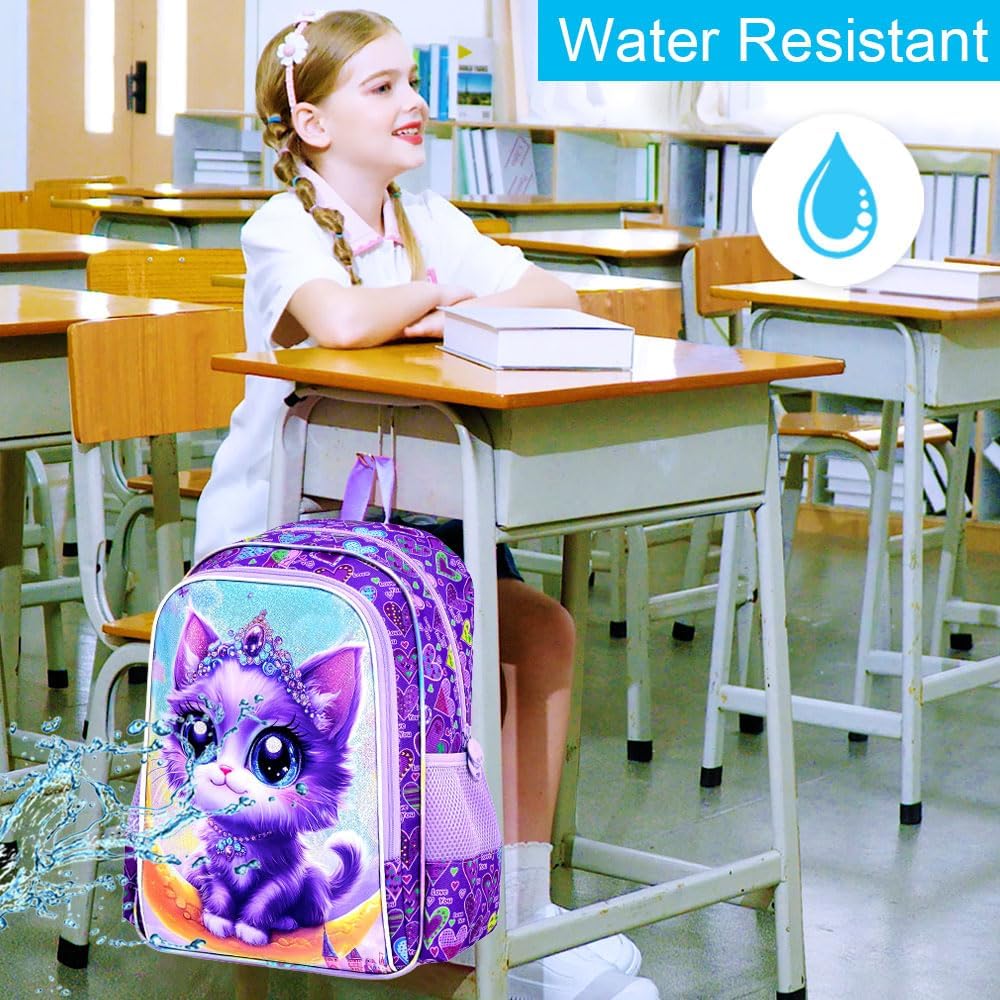 UFNDC 3PCS Cat Preschool Backpack, 16" Cute Moon Bookbag with Lunch Box, Water Resistant School Bag for Girls