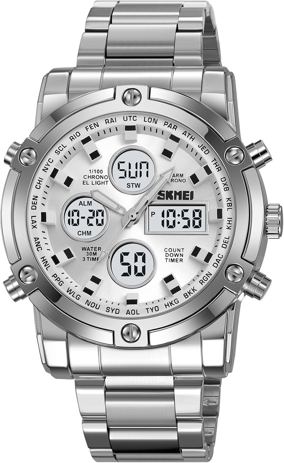 SKMEI Mens Wrist Watch, Waterproof Military Analog Digital Watches with LED Multi Time Chronograph, Stainless Steel Business Watches for Men