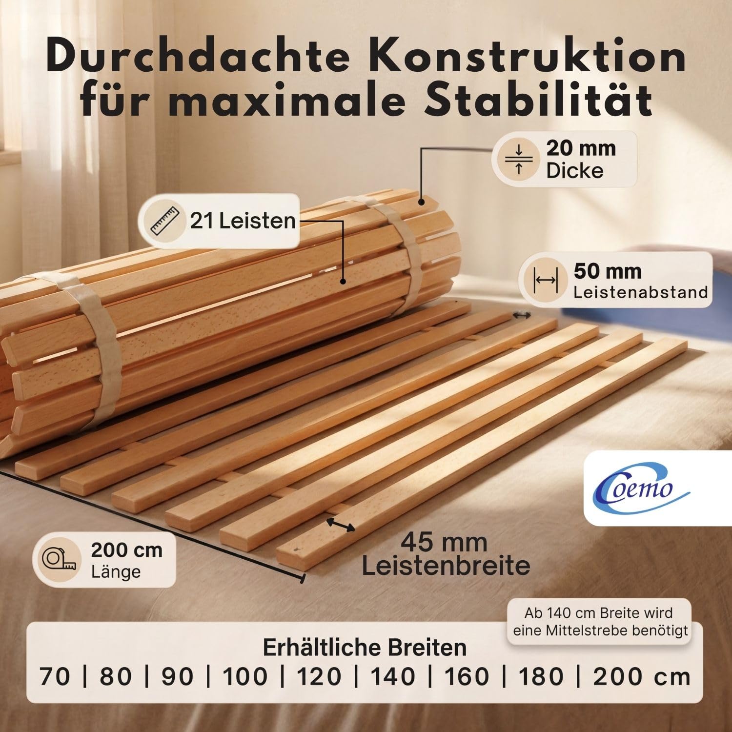 Coemo Rollrost Rolllattenrost 21 Leisten 6 Befestigungspunkte 140 x 200 cm Lattenrost aus Buche Holz - Belastbar bis 350 kg - Ohne Montage
