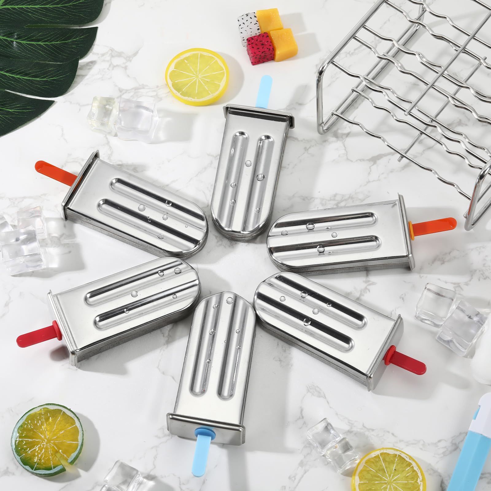 Jingmore Molde de acero inoxidable, 6 moldes de helado de metal de cabeza redonda con soporte, 6 palos acrílicos, máquina de hielo con palitos para hacer yogur congelado, frutas, helados, sorbetes
