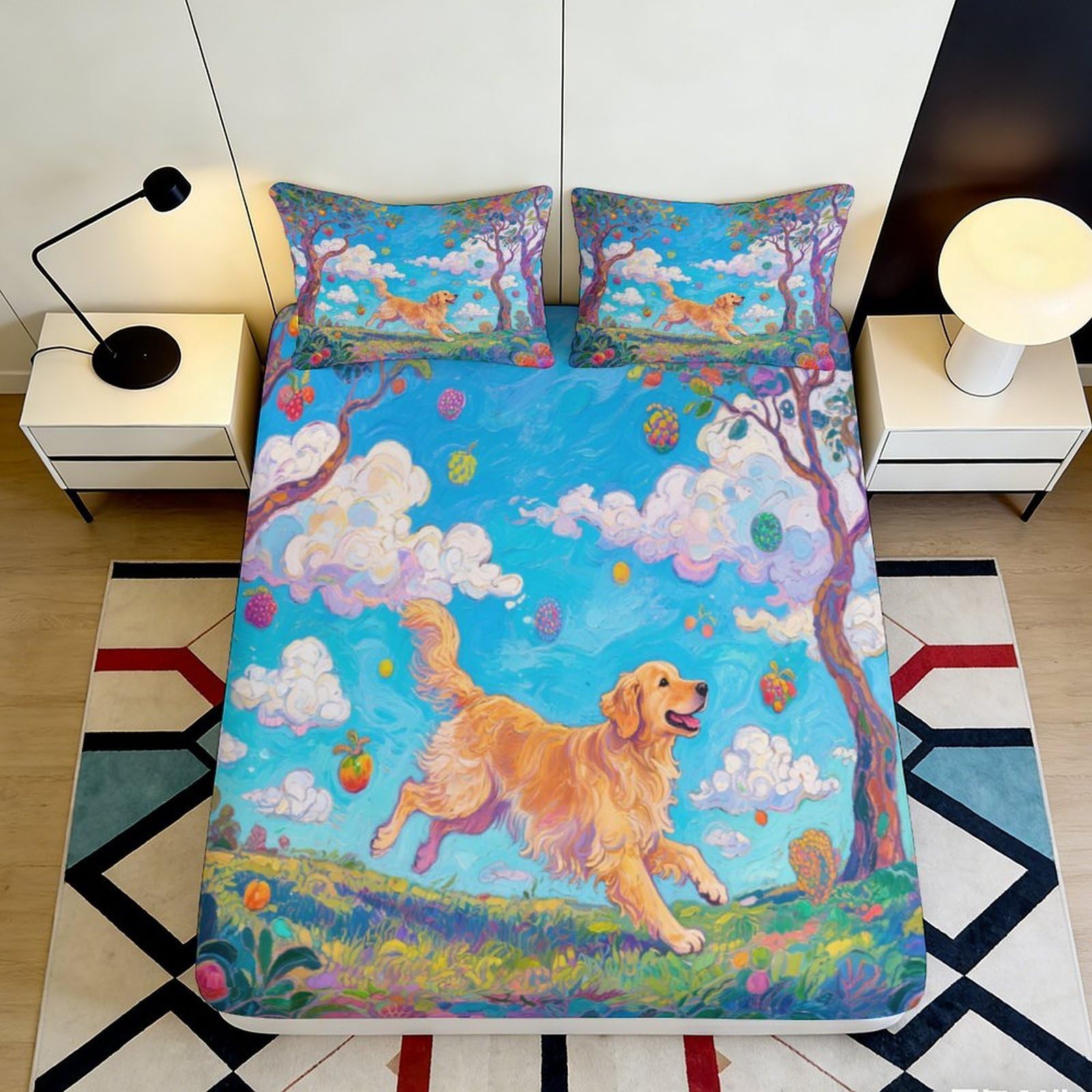 3D Printed Golden Retriever Fitted Sheet Microfiber Soft Breathable Blue Sky Bed Cover for Bedroom Dormitory Guest Room Mattress Protection Decor 200x200x25cm