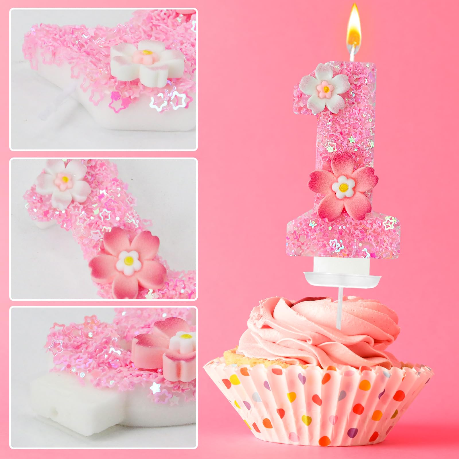 Vela de cumpleaños de flor rosa, velas de cumpleaños número 1 para pastel, primera vela para primer cumpleaños, decoración ideal para fiestas de cumpleaños, decoración de pasteles, aniversario de boda
