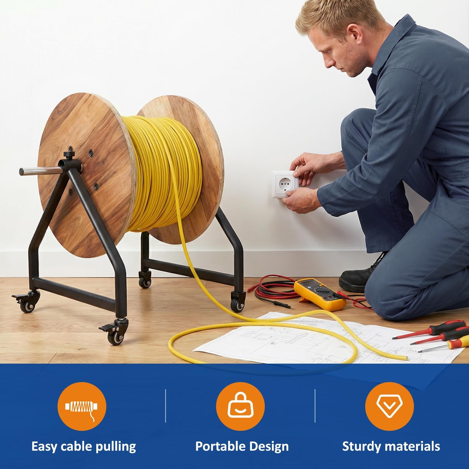 Wire Spool Rack with Wheels, Portable Cable Caddy Holds 28" Spools 250 lbs, Industrial Steel Welded Frame Includes Spool Bars