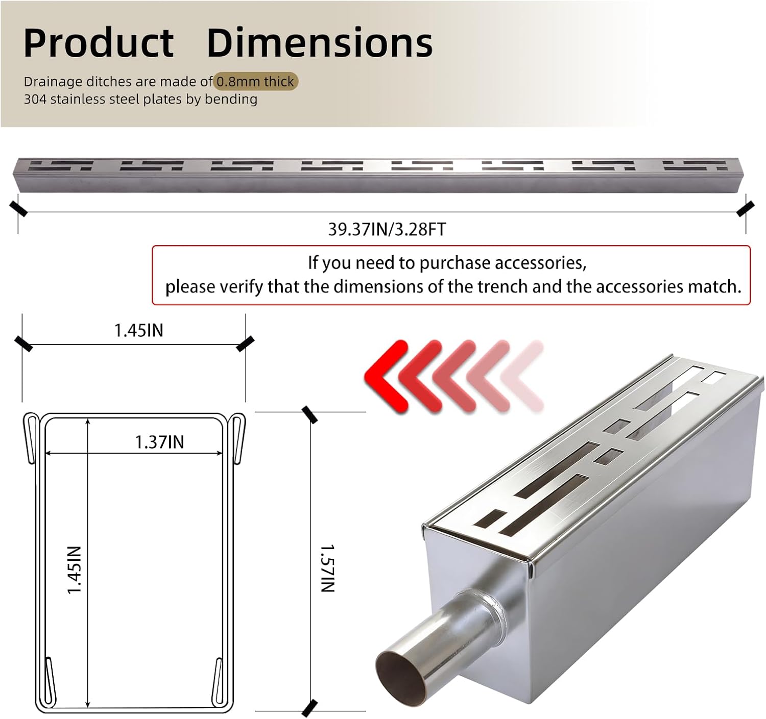 304 Stainless Steel Pool Deck Drain Channel Accessories for 1-7/16" Wide Pool Drains/Mini Drainage Channel, End Cap with 13/16" Diameter Round Pipe Side Outlet & 1 Connectors