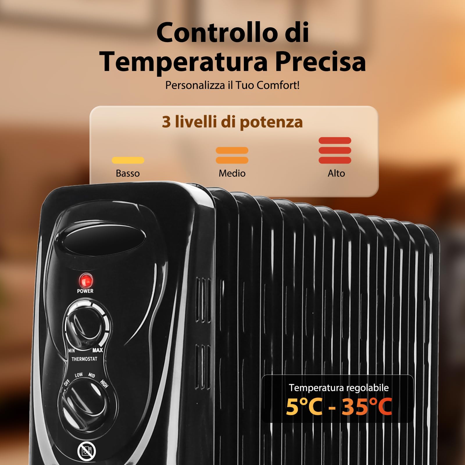 Aigostar Black Forest - Radiatore ad Olio 2500W, 13 Elementi Riscaldatore Elettrico Portatile, 3 Livelli di Calore, Termostato e Spegnimento Automatico di Sicurezza, Silenzioso, 55mq