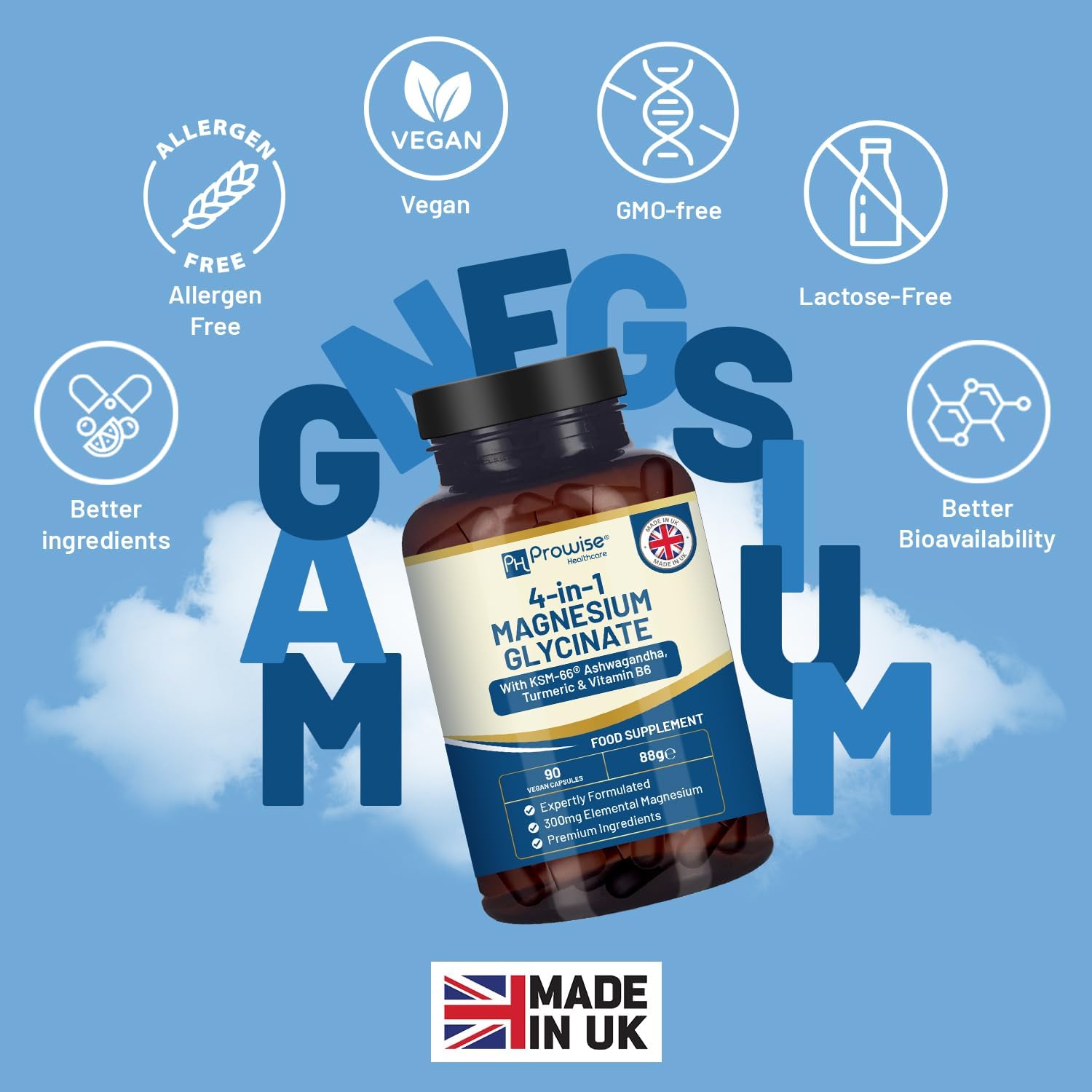 4-in-1 Magnesium Glycinate Added with KSM-66 Ashwagandha, Turmeric and Vitamin B6 | 90 Vegan Capsules | 4,001 mg per Serving | Easy to Swallow Capsule | GMO & Gluten Free | Premium Quality by Prowise