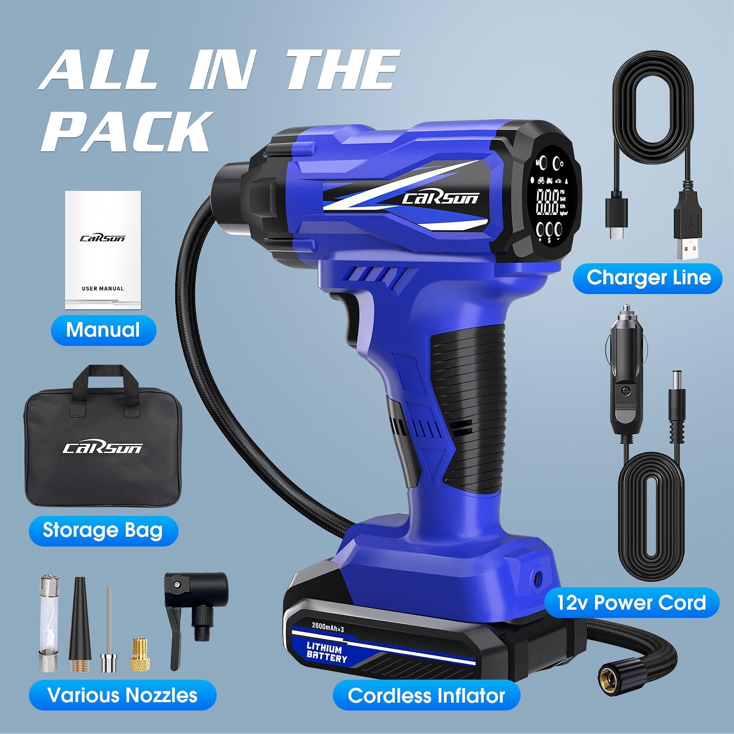 CARSUN Tire Inflator Portable Air Compressor, 150PSI Cordless Tire Pump with DC 12V/Battery Dual Power Supplies, Portable Handheld Air Pump, Digital Pressure Gauge for Car Tires, Bicycles, Balls, Blue