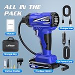 CARSUN Tire Inflator Portable Air Compressor, 150PSI Cordless Tire Pump with DC 12V/Battery Dual Power Supplies, Portable Handheld Air Pump, Digital Pressure Gauge for Car Tires, Bicycles, Balls, Blue