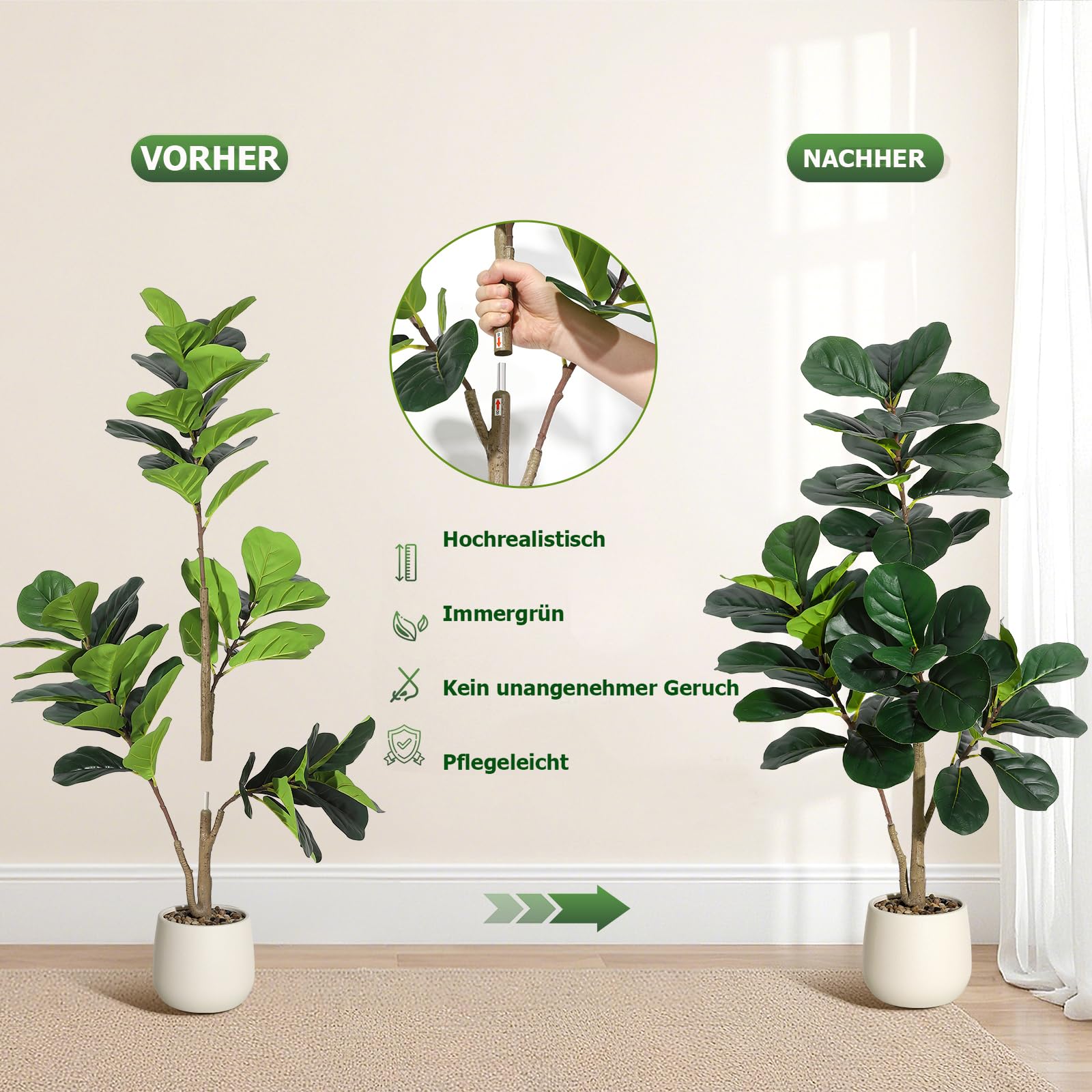 Garvee Kunstpflanze Fiddle Feigenbaum 120cm Künstliche Pflanzen Groß Mit Schotter Und Moos, Plastikpflanzen Mit Weiß Topf Und Schotter, Für Home Decor Zimmerdeko Schlafzimmer Dekoration