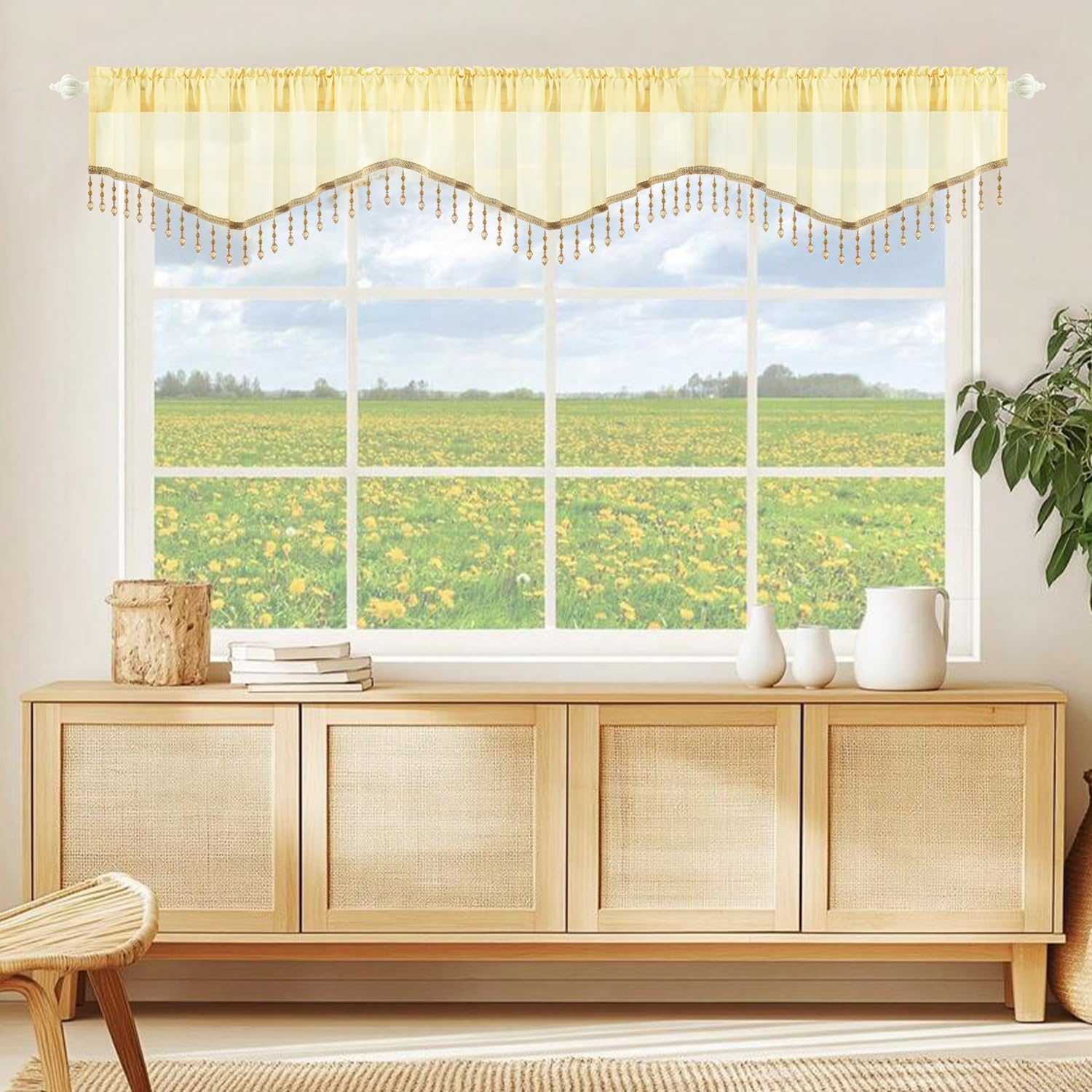 VOGOL Vintage Style Kitchen Valance, Easy Care Silky Textured Swag Valances for Dining Room, Decorative Voile Curtain Over Sink, 52x18 Inches, 1 Pack, Light Brown