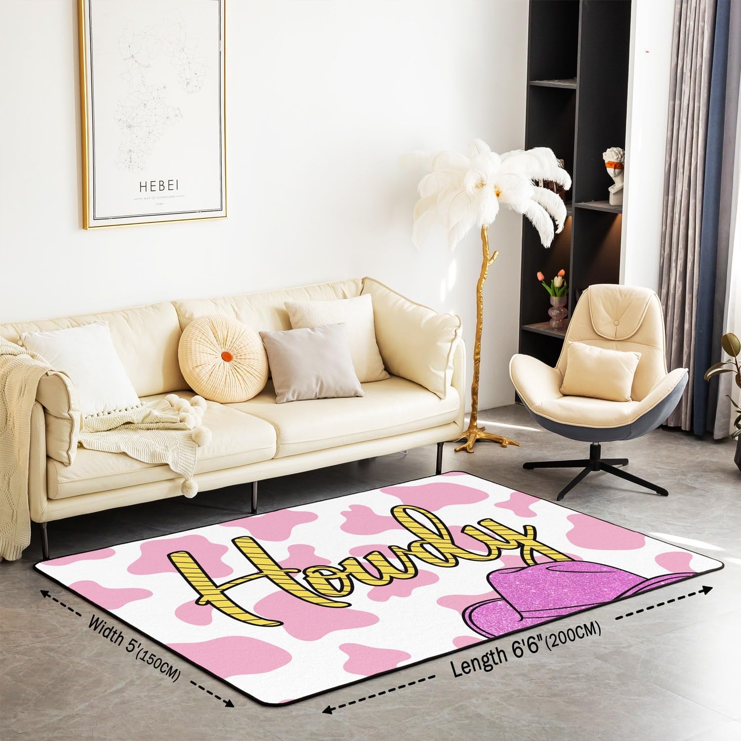 Erosebridal Cowboys Cowgirls Non Slip Rug 5x7,Western Area Rug for Kids Boys Girls Bedside Kitchen,Pink Cow Print Carpet,Glitter Sequins Hat Indoor Floor Mat Western Bedroom Decor,Non Shedding