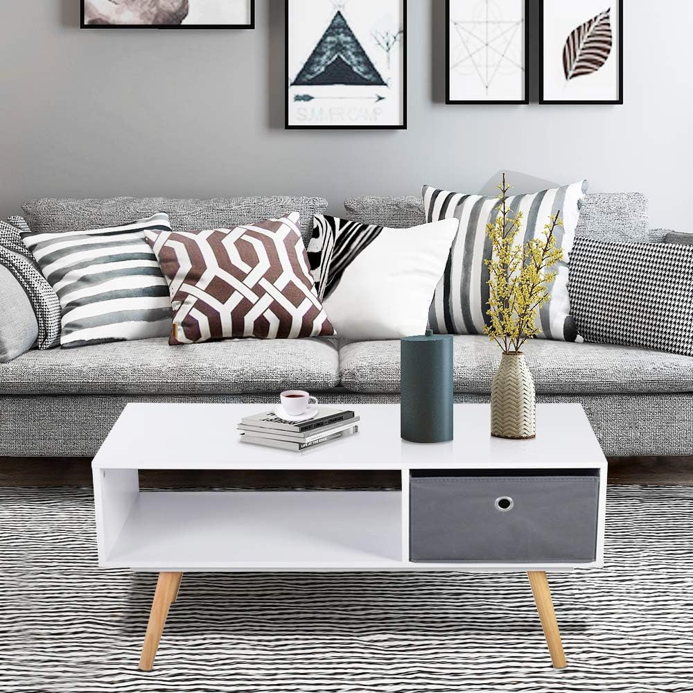 Aingoo Modern Coffee Table Cocktail Table with Shelf and Fabric Storage Drawer for Living Room, Reception White