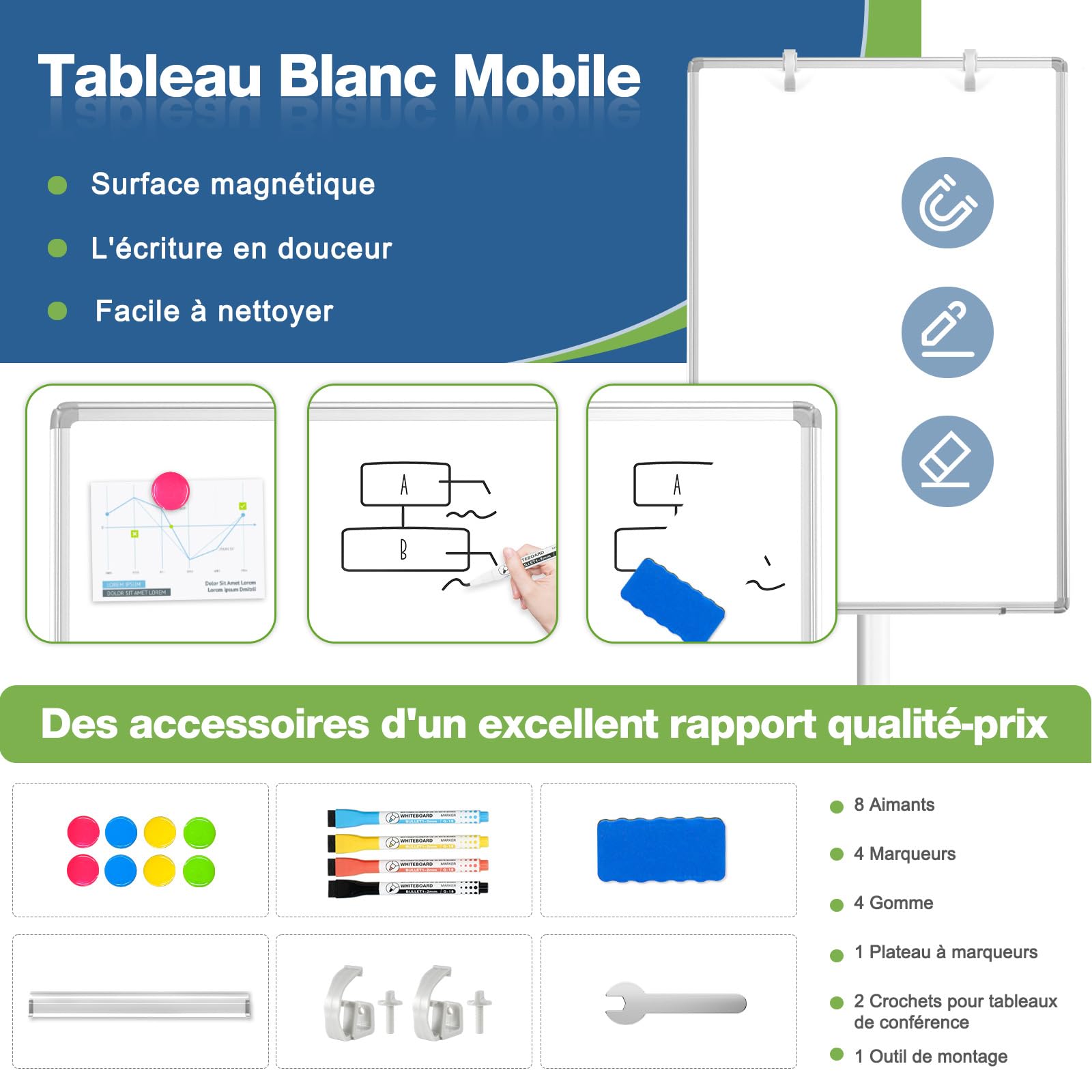 Tableau blanc mobile, magnétique, 60 x 90 cm, avec support, réglable en hauteur, pour bureau, cours