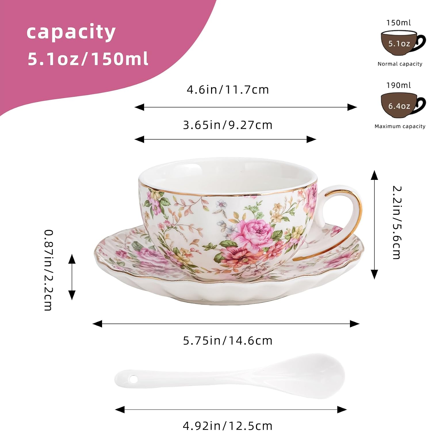 Ceramic Floral Cup and Saucer Set with Gift Box,5.1oz Tea Cup for Coffee,Tea (Deep Pink Flower)