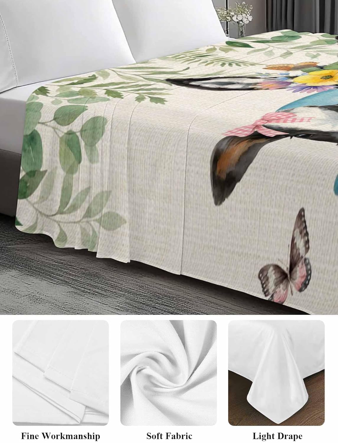 California King Flat Sheet, Animals Flowers Cal King Bed Sheets Only, Soft Microfiber Flat Sheet, Weeping Spring Floral Elegant Pastoral Rustic Hotel Quality Bedding Top Sheet Bedroom Home Dorm Decor