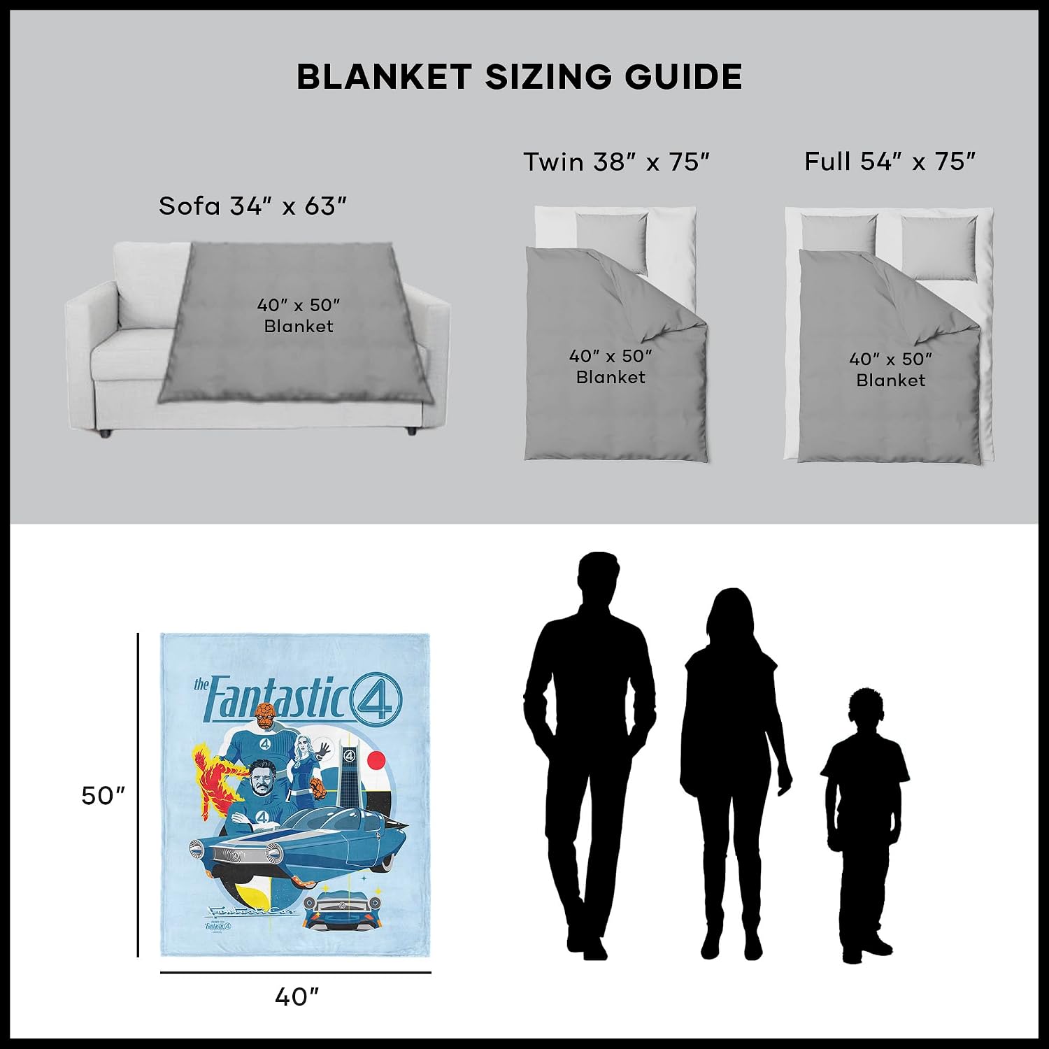 Marvel Fantastic Four First Steps Midcentury Four Silk Touch Throw Blanket – Ultra-Soft Fleece, Official Superhero Bedding or Couch Throw, 40 x 50 inches