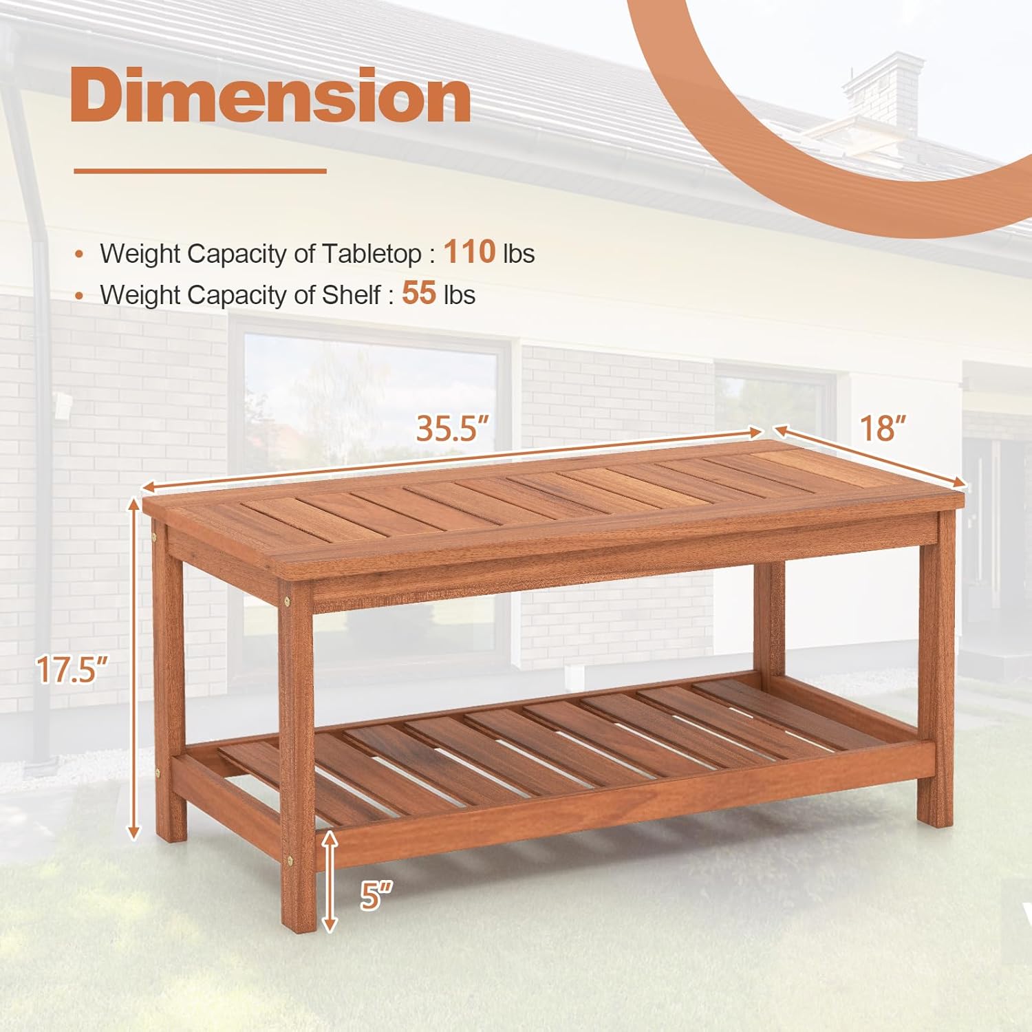 Giantex Hardwood Patio Coffee Table - 2-Tier Wooden Coffee Table with Slatted Tabletop & Storage Shelf, Outdoor Rectangular Center Table for Backyard, Garden, Poolside, Balcony & Indoor, Walnut