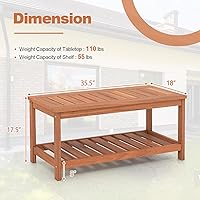 Vista 3 de Giantex Mesa de centro de madera dura para patio, mesa de centro de madera de 2 niveles con mesa de listones y estante de almacenamiento, mesa