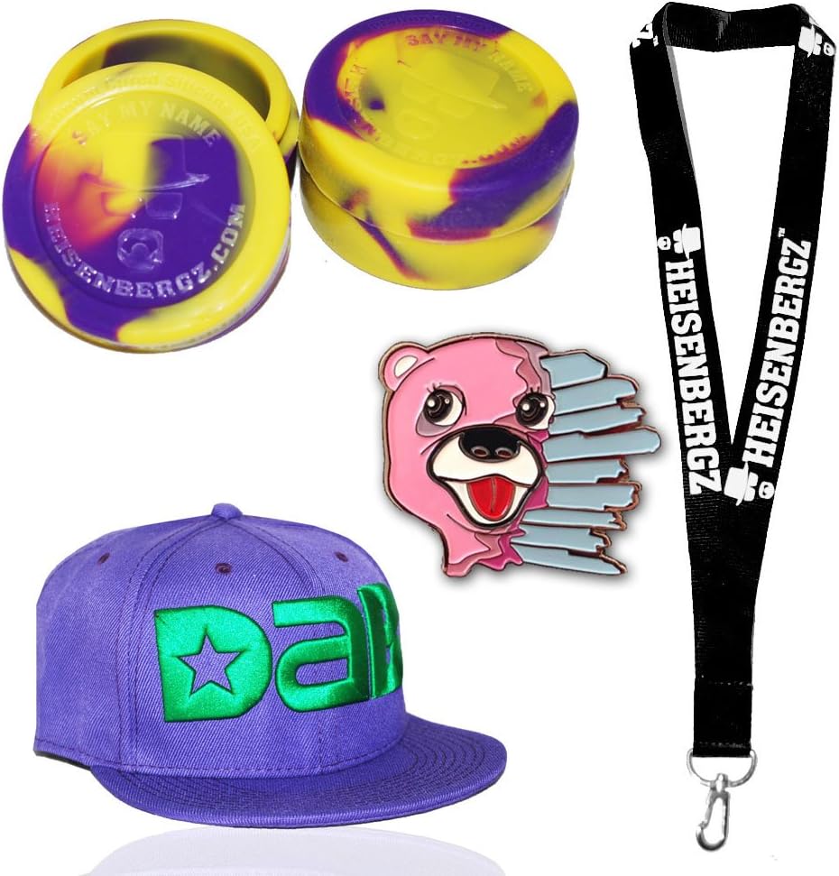 2x Heisenbergz Yellow Purple Silicone Nonstick Jars and Black Lanyard and 710 Purple with Purple Snapback plus Breaking Bad Pink Crystal Bear Pin - #e1