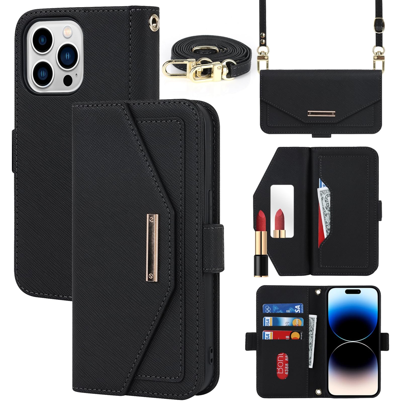 Jaorty Crossbody Wallet for iPhone 15 Pro Case with Adjustable Lanyard Strap Credit Card Holder 6.1",PU Leather Handbag Purse Kickstand Make Up Mirror Cover Case for Men Women Girl,Black