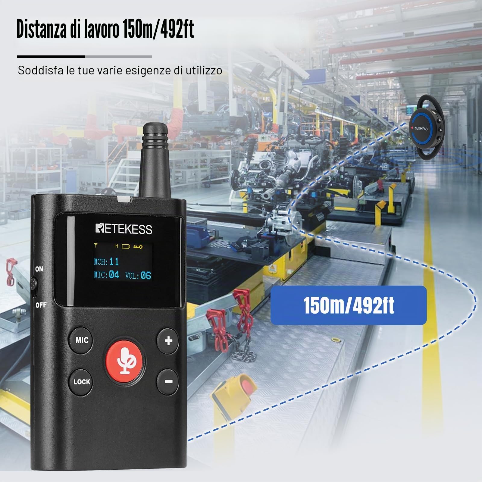 Retekess TT126R Sistema Guida Turistica, 150 M, Leggero, Qualità Audio più Nitida, Abbinamento Automatico, Ideale per Visite in Fabbrica e Tour Guidati (1 Trasmettitore, 20 Ricevitori)