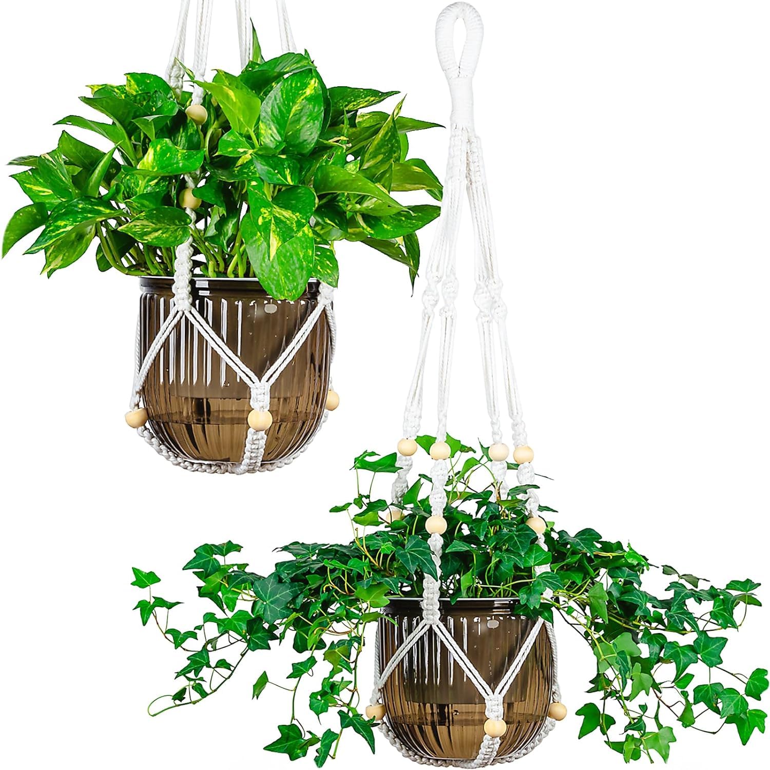 2 Pack 6.5'' Metal Hanging Chain and 2 Pack 6.5'' Macrame Cotton Hanging Chain Self Watering Hanging Planters