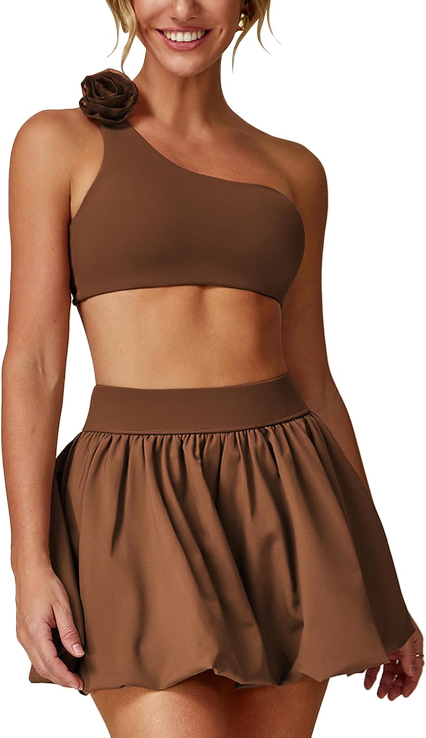 ABOCIW Womens 2 Piece Bubble Tennis Skirt One Shoulder Sports Bra Athletic Set Summer Pickleball Workout Golf Outfits