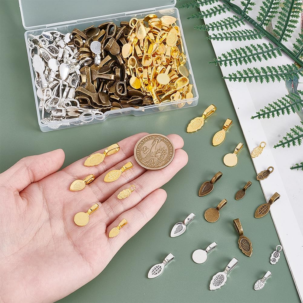 PH PandaHall 180pcs 6 Styles Glue on Bails, 3 Colors Alloy Pendant Bails Leaf Pendant Connector Charm Tag Flat Pad Earring Bails Necklace Chain Bails for DIY Bracelets Jewelry DIY Crafts - Image 3