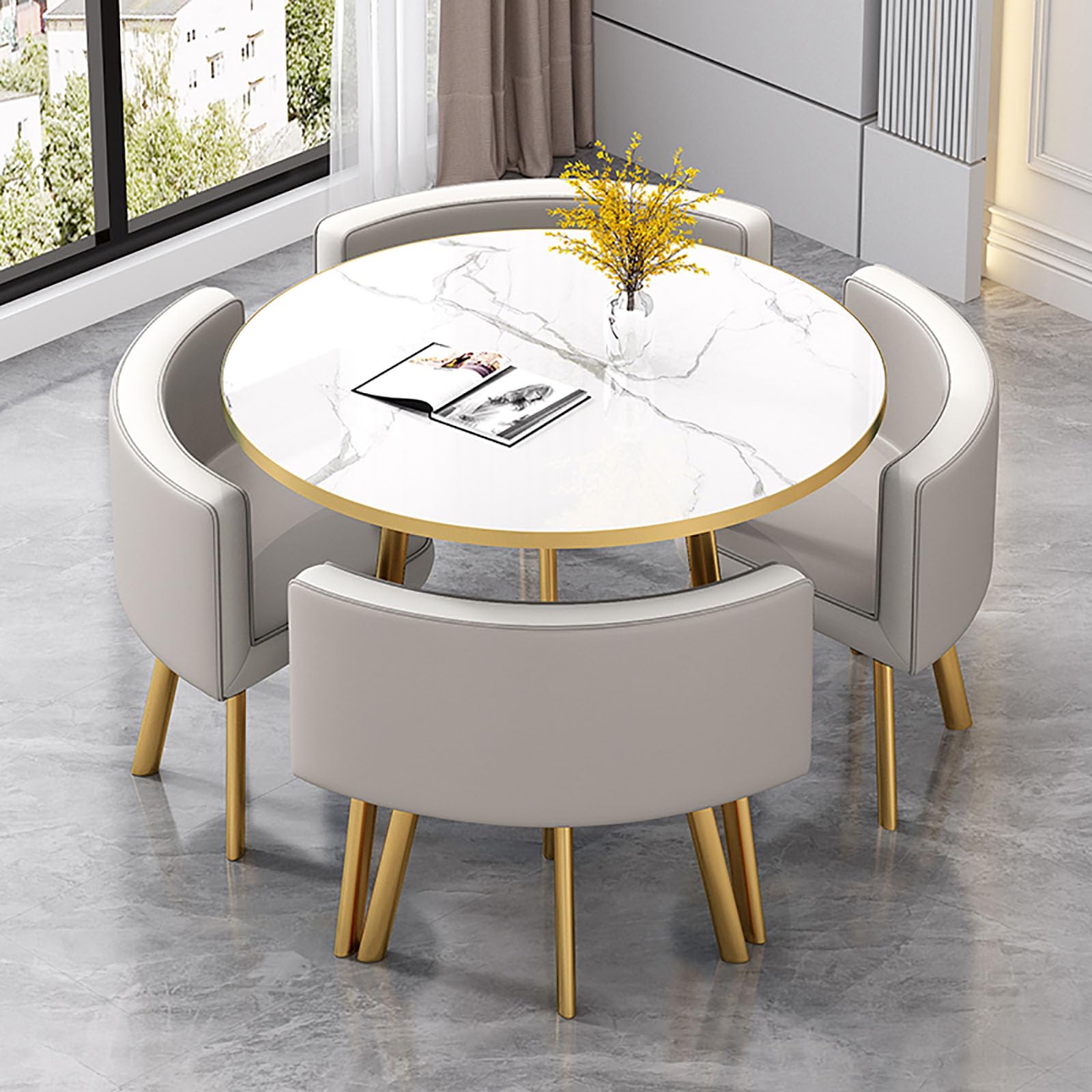 Runder Tisch und Stuhl-Set mit 5 Stück, für Essen, Empfang, Café, Freizeittisch, Schlafzimmer, Teeshop und Büro, schlichtes Design mit 1 Tisch und 4 Stühlen Küche, Haushalt & Wohnen