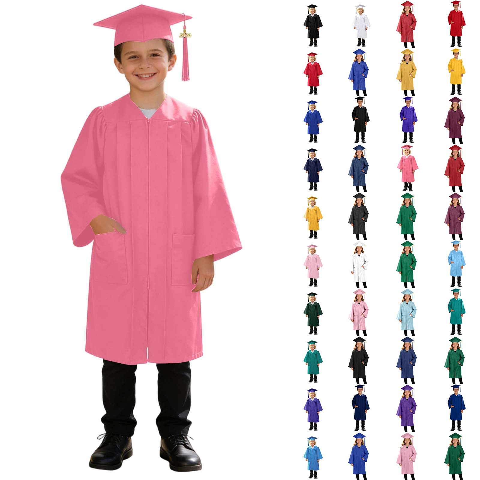 3 Piece Graduation Set for Kids, Gown, Cap, Gold 2026 Tassel, Unisex Boys Girls Preschool Kindergarten Primary School Graduation Gown and Cap Dress Up Props Costume, 42-Hot Pink