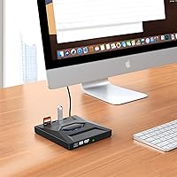 Vista 7 de ROOFULL Unidad externa de CD DVD USB 3.0 y USB-C, quemador de CD ROM, reproductor de DVD con USB Hub y lector de tarjeta SD, unidad óptica portátil